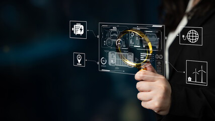 Smart interface showing electric vehicle performance, battery system, power control, charging status, and integration with renewable and grid-based energy sources Latch