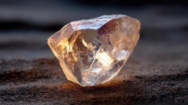Close up of a single unpolished raw diamond crystal with translucent facets and warm glow on textured dark ground 