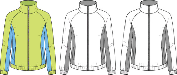 Sport jacket front view fashion apparel outerwear design zipper pockets windbreaker clothing template activewear mockup technical drawing flat vector illustration © Creative _design
