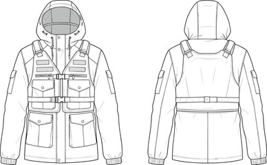 Tactical hoodie sketch, multi-pocket jacket, fashion technical drawing, utility outerwear, straps, zippers, flat vector illustration