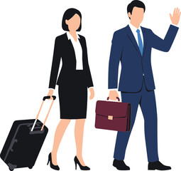 Two business professionals with suitcase and briefcase in travel posture, corporate mobility concept, waving gesture, flat vector illustration
