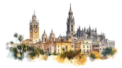 Fototapeta premium Seville Cathedral and La Giralda. Seville Cathedral and La Giralda watercolor vector illustration
