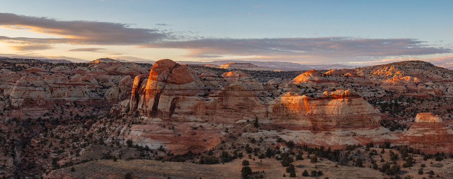 This scenic winter sunset panorama was captured from the Boynton Overlook near Boulder, Utah, and features the Escalante River Canyon.
