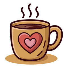 Obraz premium Cartoon illustration of a steaming hot coffee cup with heart design on side
