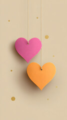 corazones colgantes de madera color rosa y naranja sobre un fondo beige con puntos dorados decorativos elementos de dise&ntilde;o