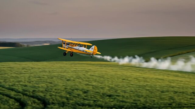 Yellow biplane crop duster flying low over a green field, applying treatment to an agricultural area for farm or harvest