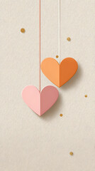 Obraz premium una tarjeta de amor o celebracion de san valentin con un fondo beige con puntos dorados con corazones rosa y naranja colgantes con espacio de copia