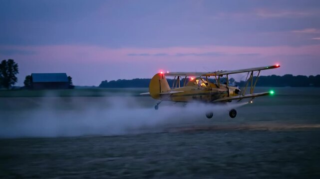 Yellow biplane crop duster spraying field at dusk, showing agricultural aerial application and farm technology