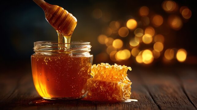 Golden honey dripping into a jar with honeycomb beside it, glowing in warm light. - honey, jar, sweet, glass, healthy, spoon, orange