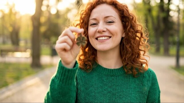 Smiling woman showing a clover leaf in a park. Lucky charm symbol for good fortune and st patrick day concept