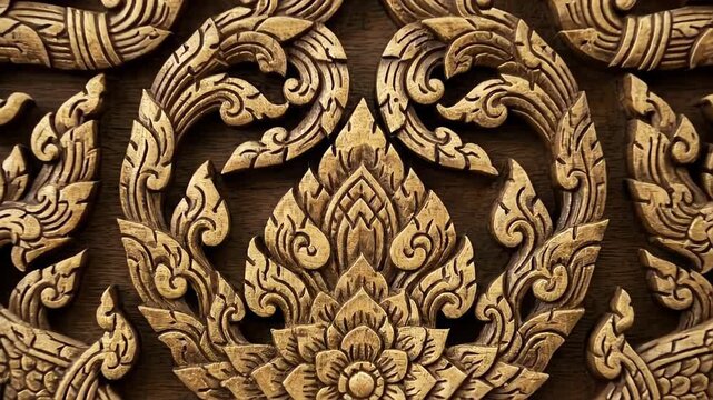 Intricate Traditional Thai Wood Carving with Floral and Mythical Motifs.