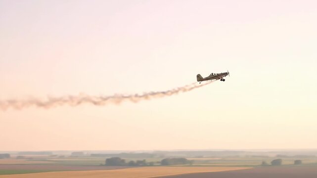 Biplane crop duster flying across a rural landscape, aerial application of pesticides for agriculture and farming needs