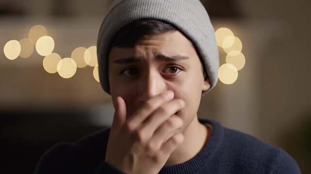 Emotional Portrait of a Young Man with Tears and then Smile Wearing a Gray Knit Cap and Blue Sweater Against a Soft