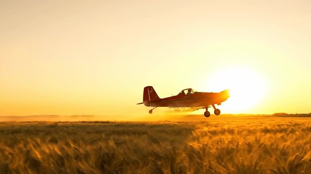 Crop duster plane flying over golden farm field at sunset, agricultural airplane spraying crops with fertilizer