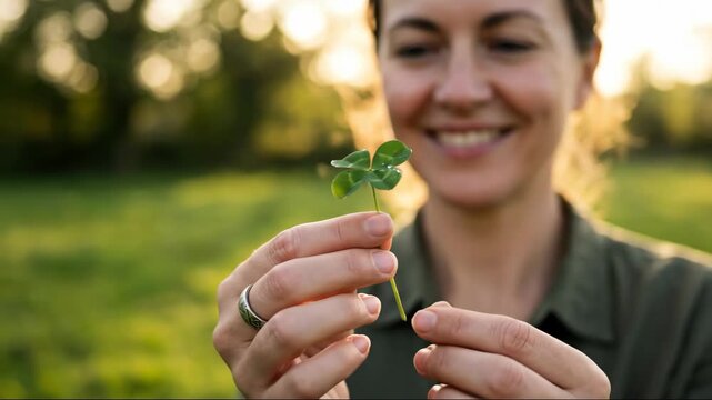 Woman holding a four leaf clover with water droplets, showing lucky plant in an outdoor nature setting for good fortune