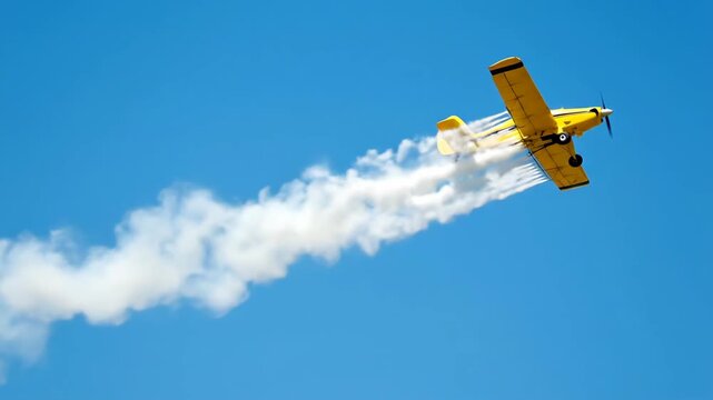 Yellow crop duster aircraft flying in a blue sky, releasing white smoke, for agriculture aviation