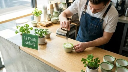 Man barista pouring milk into matcha latte for Saint Patricks Day celebration. Creative coffee shop drink art for spring holiday