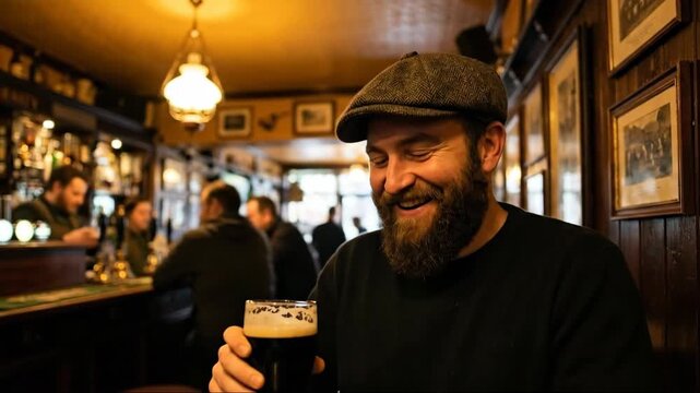 Bearded man in a flat cap enjoying a stout beer in a traditional pub setting, experiencing delight and satisfaction