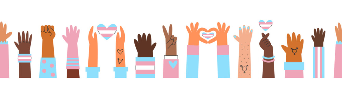 Transgender hands seamless banner, awareness and visibility banner. Cisgender and genderqueer silhouettes with trans flag colors and symbols. Diversity concept.