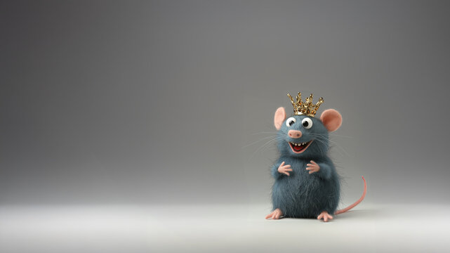 Toy royal rat in a crown with copy space
