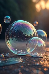 Fototapeta premium Ephemeral Wonders: Bubbles float in mid-air, a vibrant display of iridescent colors reflecting the world around them. Capture the joy and imagination they bring, a brief moment of natural beauty.