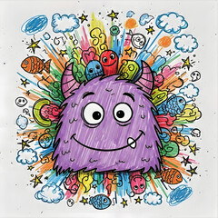 Monster's Magical World: An abstract illustration showcasing a whimsical monster surrounded by colorful doodles, creating a sense of playful creativity and imagination. GENERATIVE AI