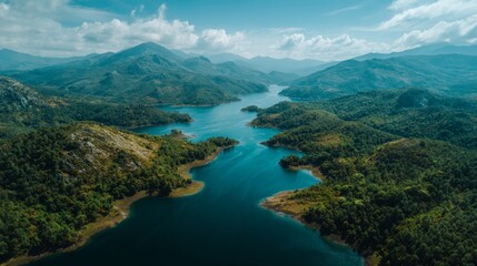 Obraz premium Aerial view of a large lake surrounded by green forest