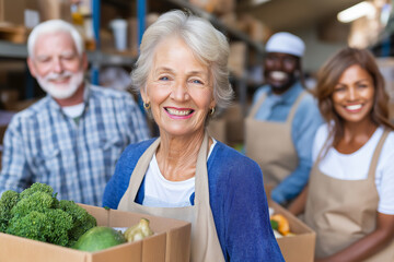 Senior woman smiling while holding a box of fresh vegetables with diverse volunteers in the background inside a community food distribution center during an outreach event