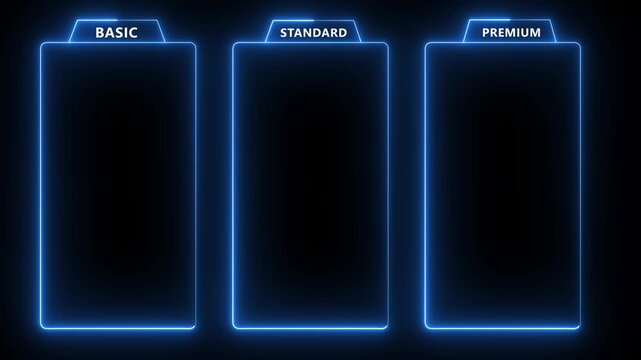 glowing neon two color Basic, Standard, and Premium Package subscription tiers, Animation. Pricing and Features, Pricing plans table, pricing chart, price list for web or app tech concept 4k video