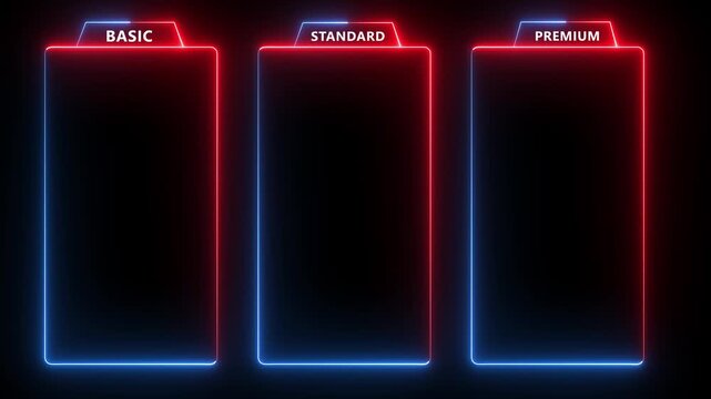 glowing neon two color Basic, Standard, and Premium Package subscription tiers, Animation. Pricing and Features, Pricing plans table, pricing chart, price list for web or app tech concept 4k video