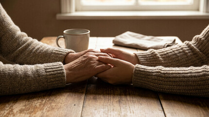 Close up of two people holding hands across a table, symbolizing trust, support, and human connection