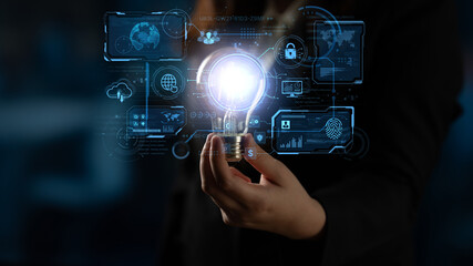 A futuristic command center interface for managing a global technology platform. The dashboard includes data security, network administration, and biometric user authentication. Fermion