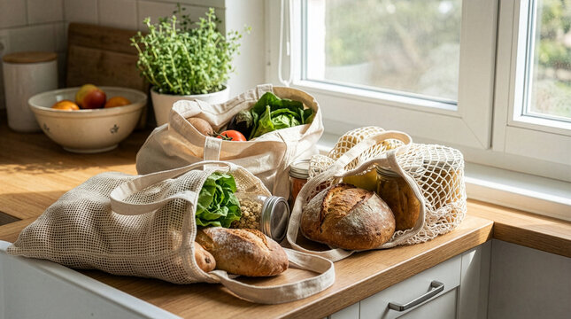 Reusable shopping bags filled with groceries on a kitchen counter, representing sustainable living and eco friendly habits
