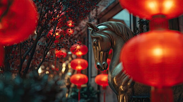 Golden horse statue surrounded by red lanterns for Chinese New Year  