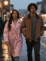 Side by Side at Twilight &ndash; Aurora Pink and Driftwood Coats on a Rain-Slicked Street