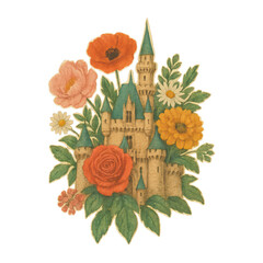 Fototapeta premium PNG Whimsical castle surrounded by flowers.