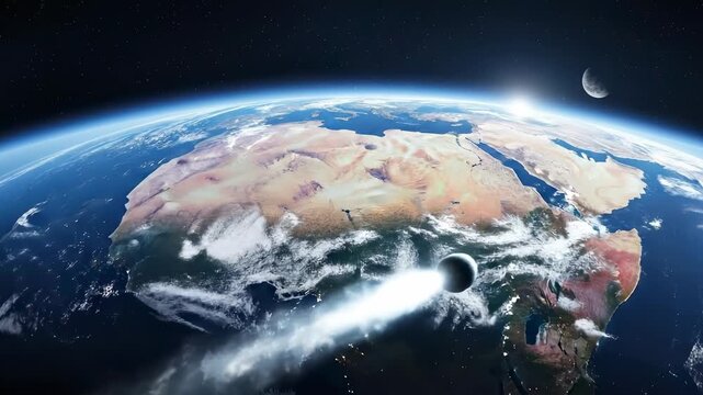 Earth from space blue planet continents atmosphere sunlight and moon