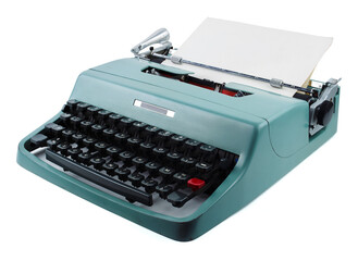 Vintage teal typewriter on a desk with a blank sheet of paper ready for writing at a workspace.