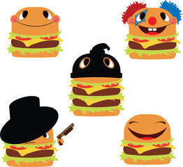 Five unique burger characters, each with distinct expressions and accessories, stacked with fresh lettuce, cheese, tomato, and patties.
