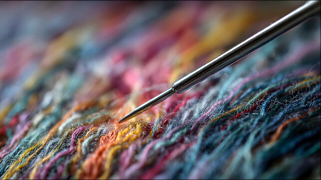 acercamiento de las fibras de hilos coloridos para tejer o coser con una aguja sobre los hilos costura hecha a mano moda y artesanias con espacio de copia