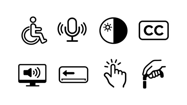 Set of accessibility icons: wheelchair, microphone, contrast, closed caption, volume, keyboard, touch, and grip