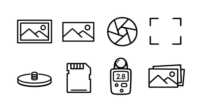 Photography icon set featuring camera, lens, and memory card in simple linear style