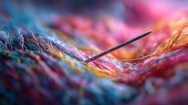 dise&ntilde;o de una textura de fibras de acercamiento de un hilo colorido para coser o tejer con una aguja encajada sobre el hilo creaciones artisticas