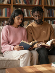 Reading Aloud in a Sunlit Library Nook &ndash; Misty Rose and Sunbaked Knit Layers, Atmosphere of Quiet Trust