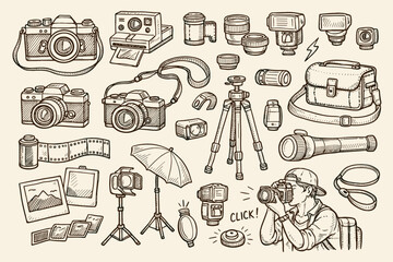 Obraz premium Hand drawn vintage camera collection with photography equipment and accessories
