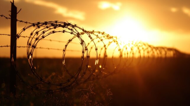 Razor wire coils glinting in the warm sunset light over a grassy field