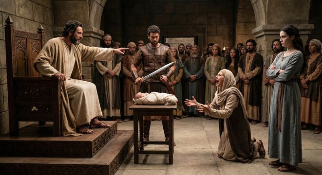Solomon judges two women over a dispute regarding a baby in ancient times in a stone chamber