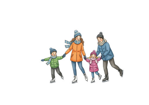 charming watercolor illustration of a happy family skating in colorful winter coats on a snowy pond near falu red scandinavian houses, isolated on white. joyful winter holiday concept