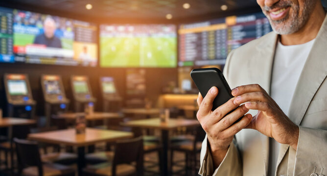 Happy man standing using gambling app on smartphone. Smiling male user holding cell phone in hands checking mobile sport betting app on cellphone for winning money online concept. Banner ads