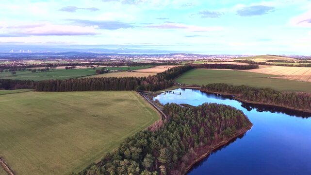 Top-Down Aerial of a Calm Water Reservoir, Scotland, Balerno